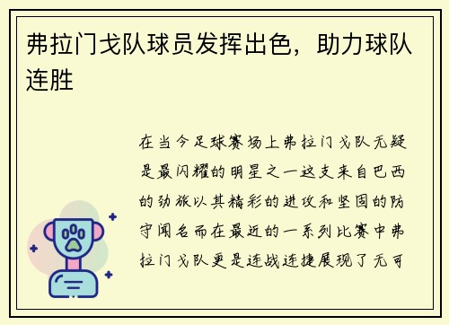 弗拉门戈队球员发挥出色，助力球队连胜